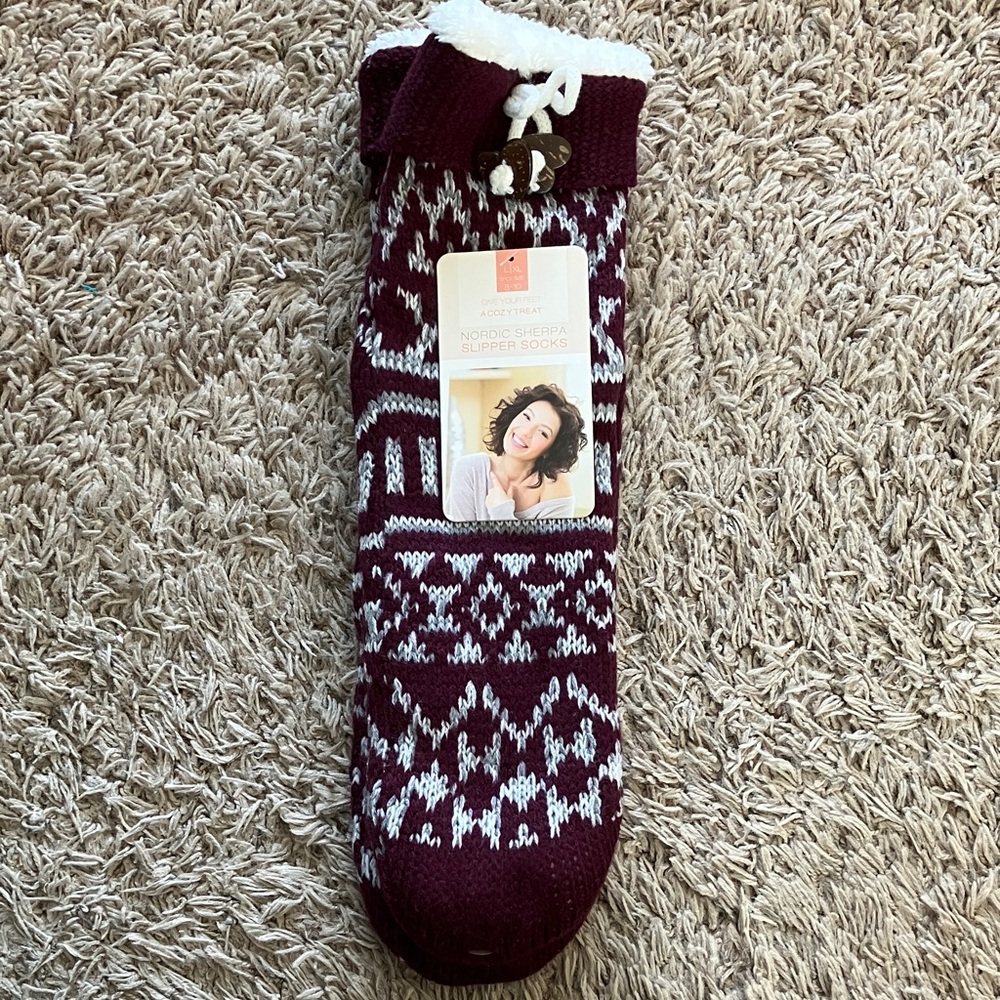Slipper Socks - Burgundy and White L/XL
